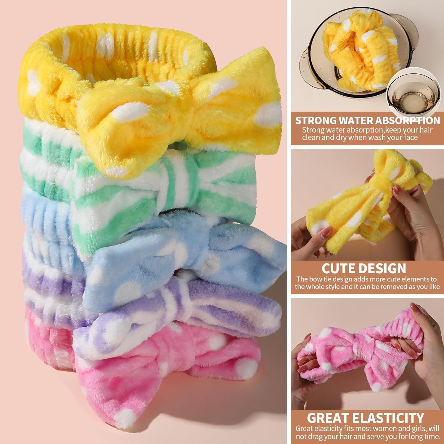 Teenitor 5pcs Makeup Headband with Removable Bow, Spa Headband for Washing Face for Teen Girls Women, Gifts Basket for Teens Girls Party, Skin Care Hairband