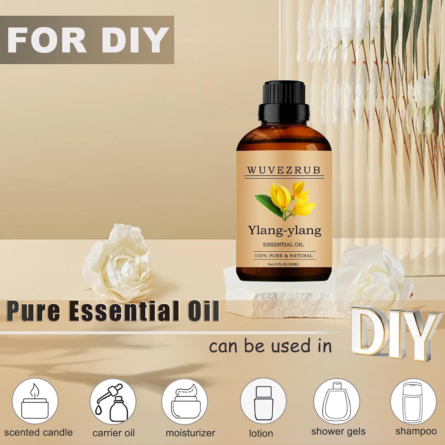 Ylang-Ylang Essential Oils 60ML, 100% Pure and Natural Essential Oil for Aromatherapy Diffuser - 2 Fl Oz/Ylang-Ylang