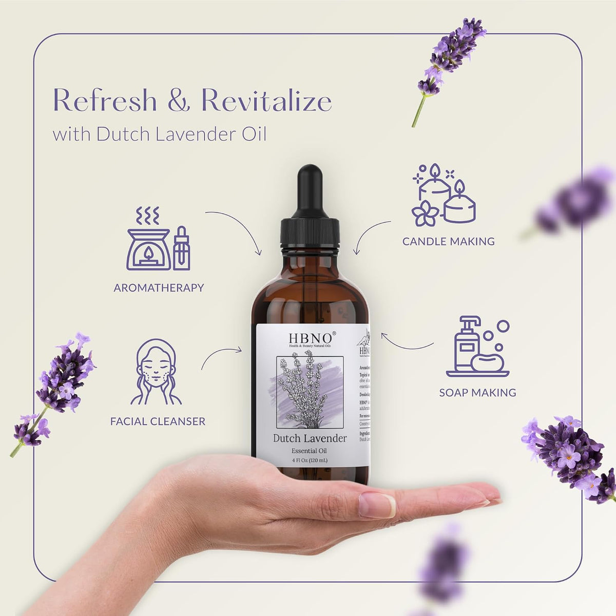 HBNO California Bottled Dutch Lavender Essential Oil 4 fl oz (120ml) - Natural Lavender Oil for Skin