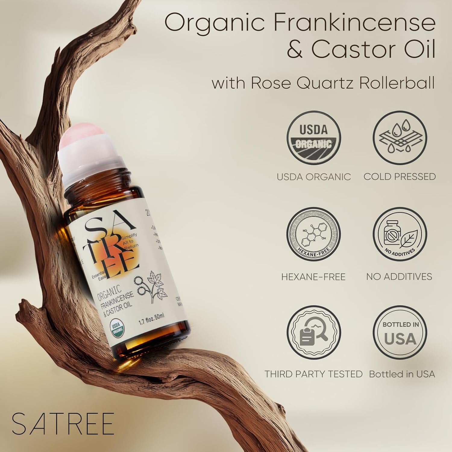Organic Castor & Frankincense Oil with Rose Quartz Rollerball - USDA Certified Essential Blend Oil Roll-On, for Face & Body, Anti-Aging, Dark Circles (1.7fl oz)