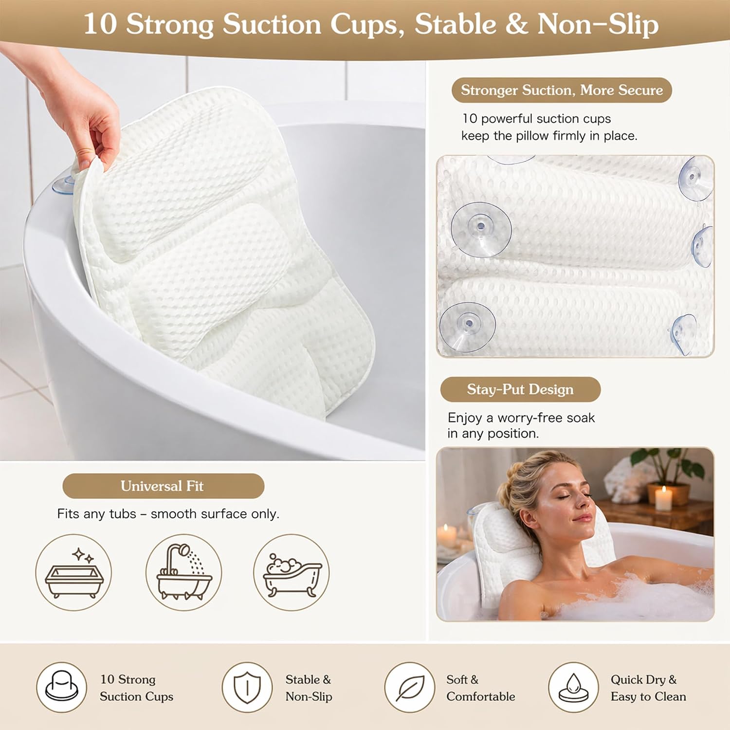 Luxury Bath Pillow for Tub, with 10 Strong Suction Cups, Non-Slip Bathtub Pillow for Head Neck & Back Support, Extra Large 21” Spa Bath Pillow, 4D Air Mesh Quick-Dry, Gift for Women(White)