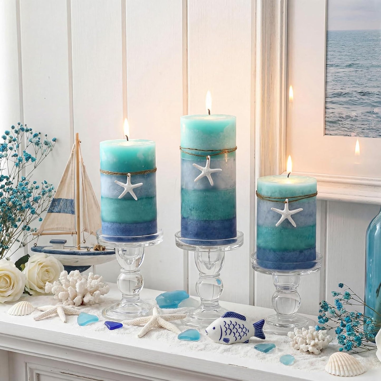 Threlaco Set of 3 Ocean Pillar Candles with Starfish Decorative Blue Pillar Layered Candles Clean Long Lasting with Ornaments for Summer Home Party Room Decor 3 Sizes