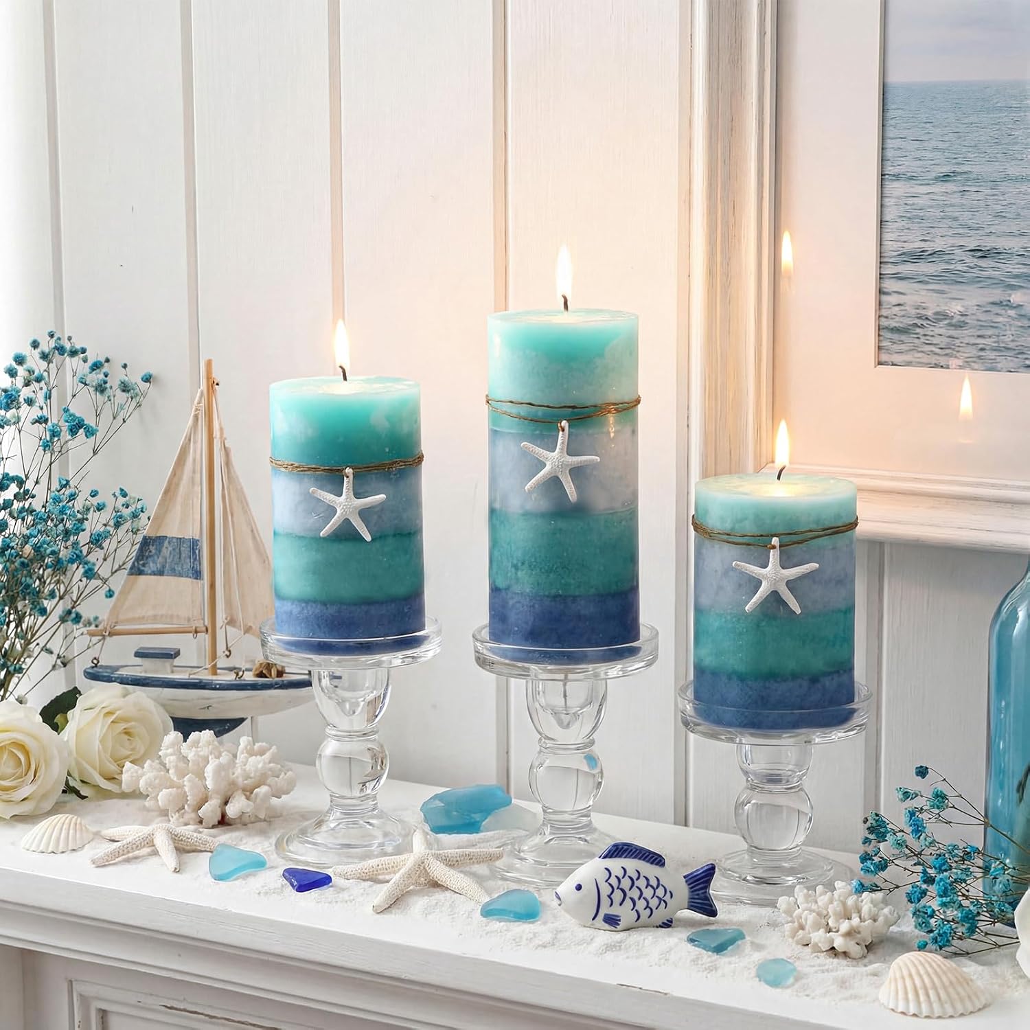 Threlaco Set of 3 Ocean Pillar Candles with Starfish Decorative Blue Pillar Layered Candles Clean Long Lasting with Ornaments for Summer Home Party Room Decor 3 Sizes