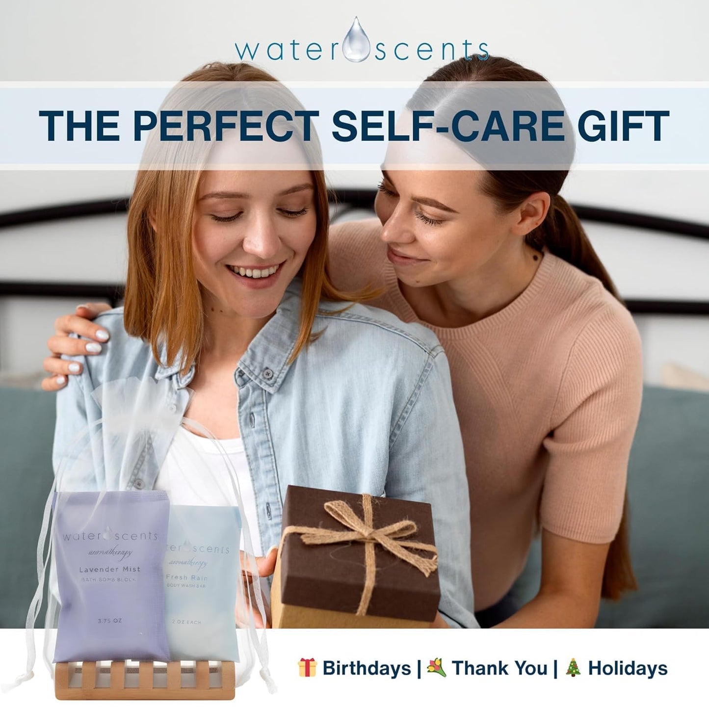 Water Scents Spa Gift Set Bundle for Women – Bamboo Bath Tray, Lavender Bath Block & Body Wash Bar – Relaxing Gift for Her, Self Care Set, Birthday Present, Bath Essentials for Home Use