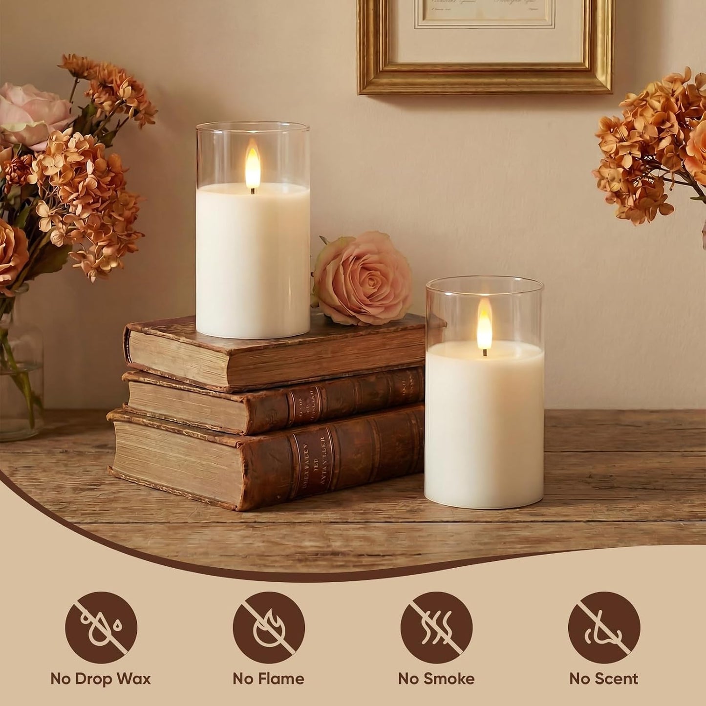 Amagic 3"x5" Clear Glass Flameless Candles Battery Operated with Timer, Remote Control, LED Pillar Candles, Battery Powered, Valentine's Day Decor, Pure White Wax, Set of 2