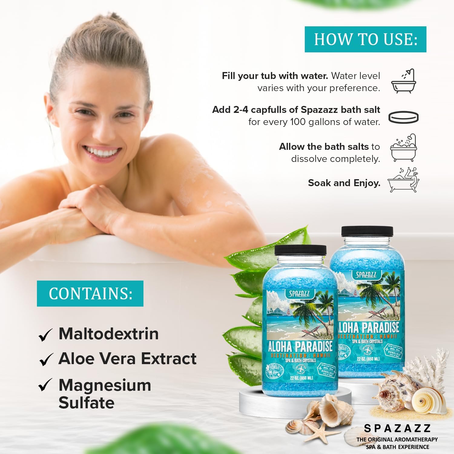 Spazazz Destinations - Hawaii - Aloha Paradise - Natural Spa & Bath Salt Aromatherapy Crystals 22oz -Skin Softener - Safe For Your Hot Tub & Kids