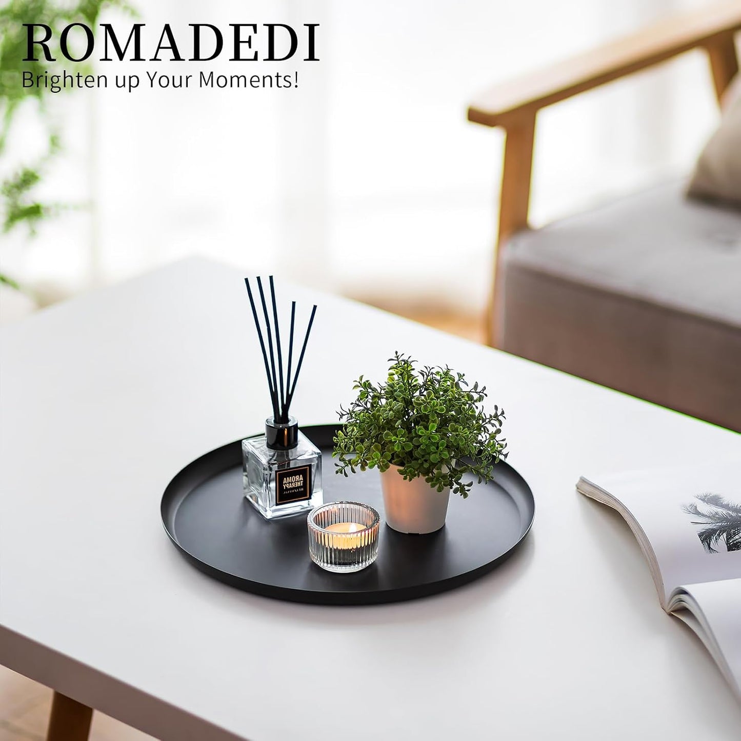 Romadedi Black Decorative Candle Tray - Round Trays Decor for Coffee Table Centerpiece Metal Serving Tray for Kitchen Counter Organizer Modern Farmhouse Home Decorations, 11 Inch