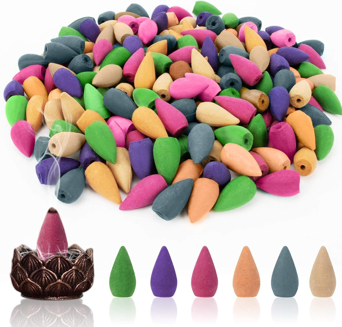 Sukh Backflow Incense Cones for Waterfall - Waterfall Scented Incense Cone 108 PCS Backflow Smoke Burning Cone Incense Bulk 6 Different Incense Waterfall Cones for Backflow Waterfall Incense Burner