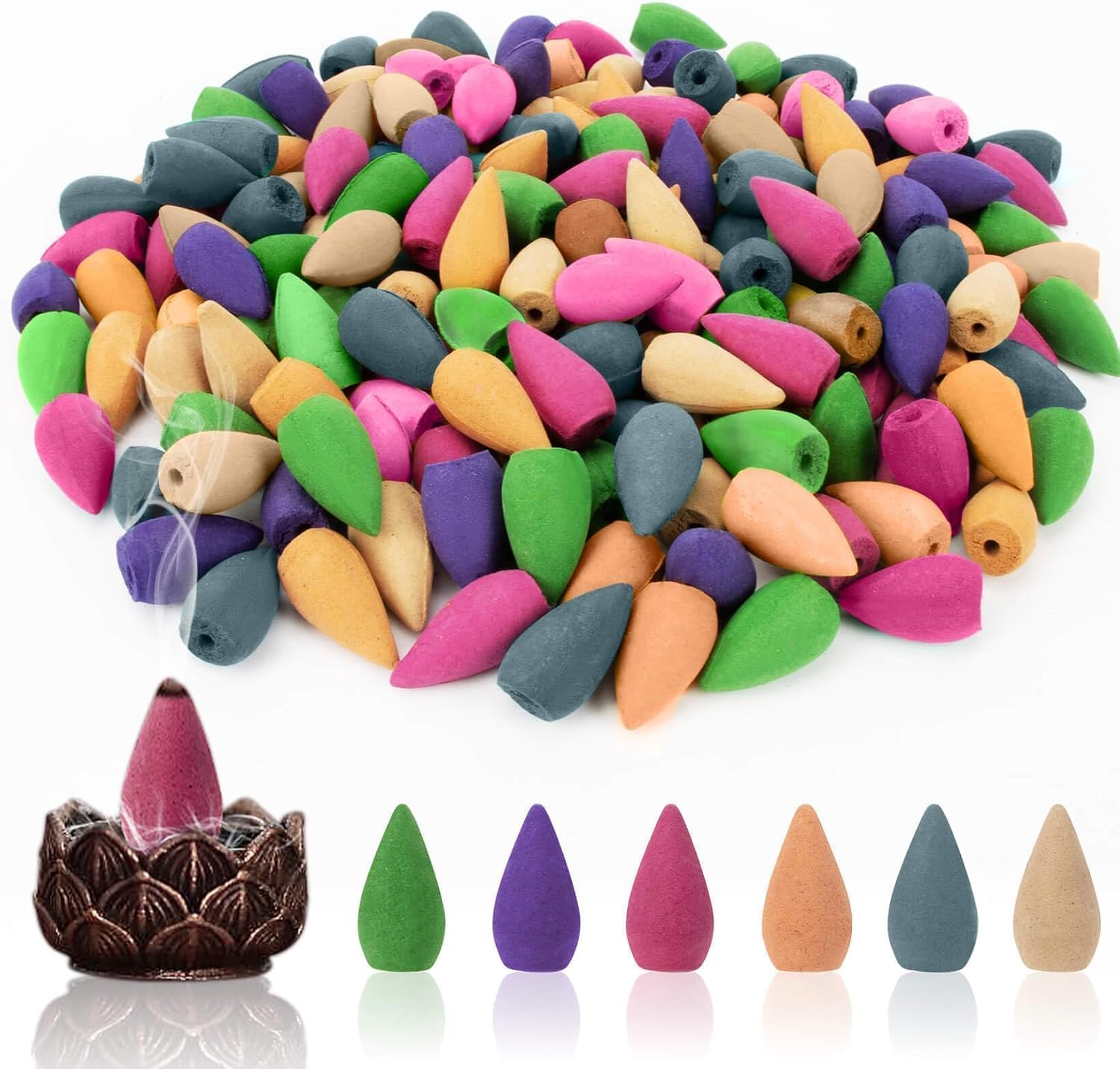 Sukh Backflow Incense Cones for Waterfall - Waterfall Scented Incense Cone 108 PCS Backflow Smoke Burning Cone Incense Bulk 6 Different Incense Waterfall Cones for Backflow Waterfall Incense Burner