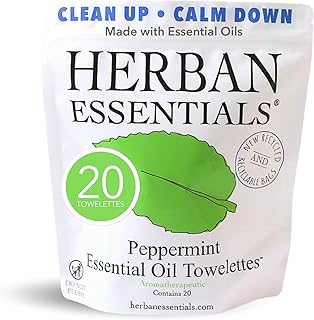 Herban Essentials - Peppermint Wipes & Towelettes - Essential Oil Wipes for Hands & Body - Travel Size Essentials and Toiletries - Natural, Individually Wrapped, Disposable & Moist Refresh (20 count)