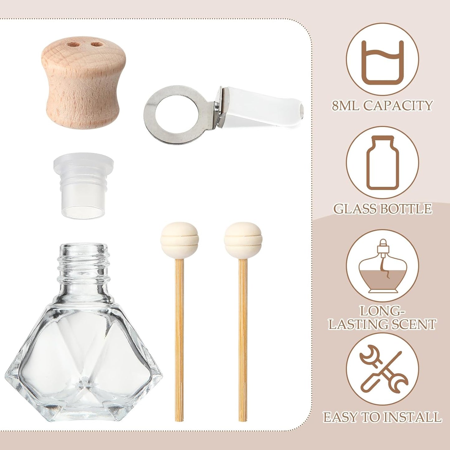 Zubebe 30 Pack 8 ml Diamond Essential Oil Diffuser Bottle Bulk Car Air Freshener Vent Clip Auto Perfume Vent Diffuser for Aromatherapy Fragrance Ornament Decor, Glass Bottle with Wooden Caps Stick
