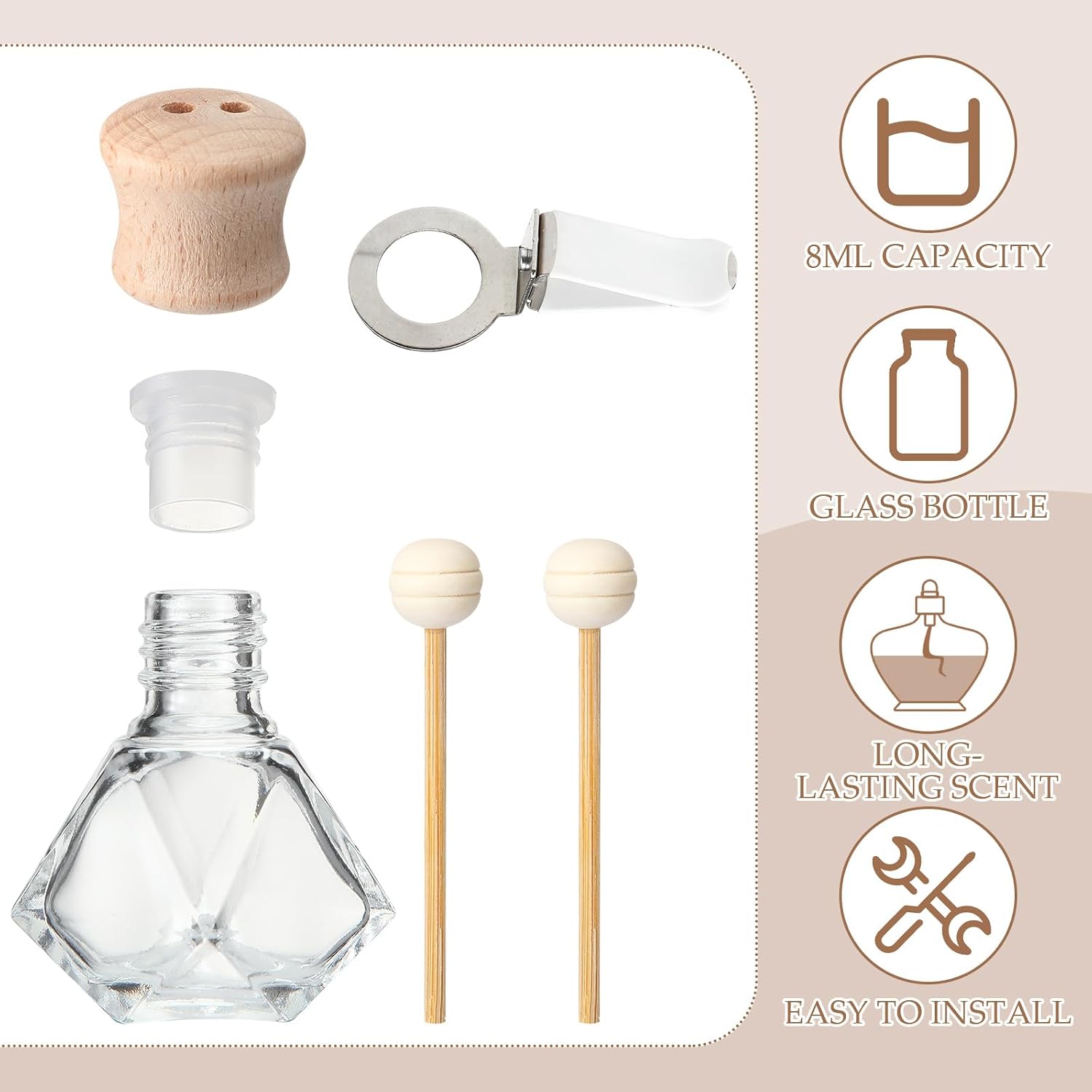 Zubebe 30 Pack 8 ml Diamond Essential Oil Diffuser Bottle Bulk Car Air Freshener Vent Clip Auto Perfume Vent Diffuser for Aromatherapy Fragrance Ornament Decor, Glass Bottle with Wooden Caps Stick