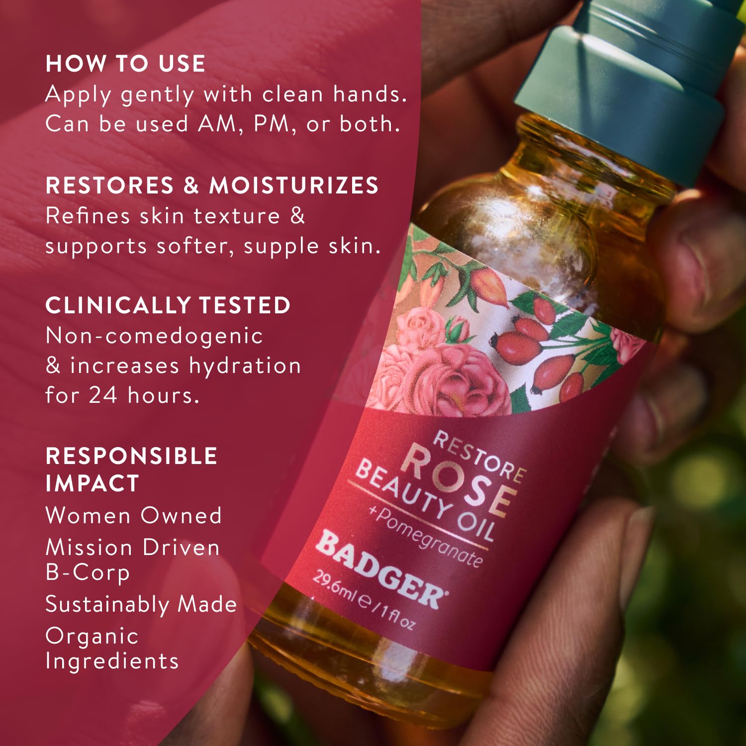 Badger Rose Face Oil, 100% Organic Face Moisturizer, Nourishing & Soothing Organic Jojoba Oil & Rose Oil, Vegan Antioxidant Rich Moisturizing Facial Oil, 1 fl oz Glass Bottle