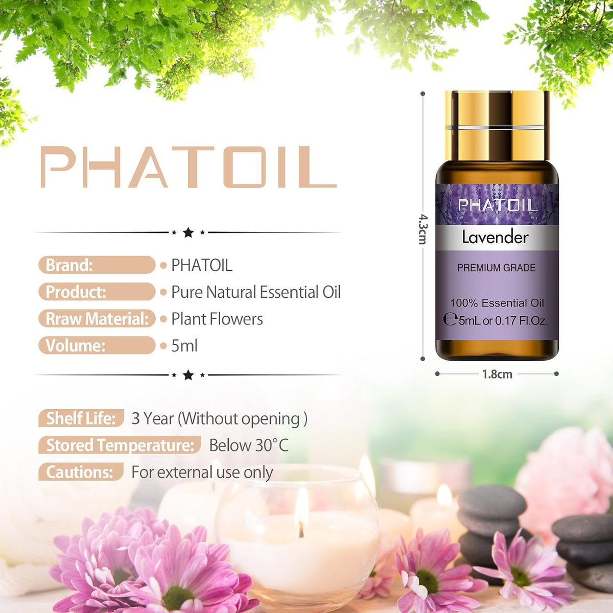 PHATOIL Essential Oil Gift Set for Diffuser, Skin Care, Massage, 15 x 5ml