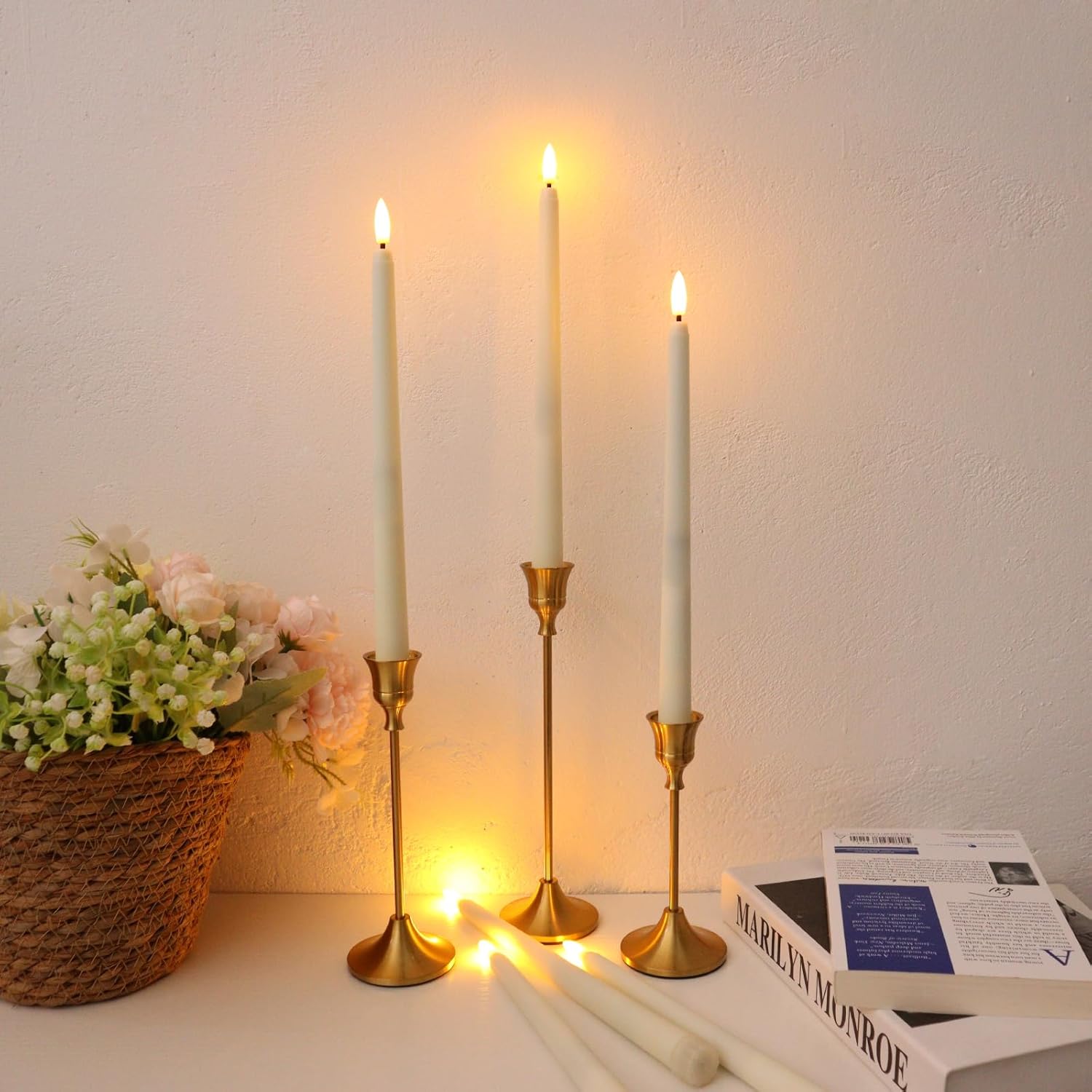 12 Pcs Flickering Flameless LED Taper Candles, 11" Long Fake Taper Candles Battery Operated with Remote Timer, Ivory Plastic Electric Candlesticks for Wedding Party Christmas Holiday