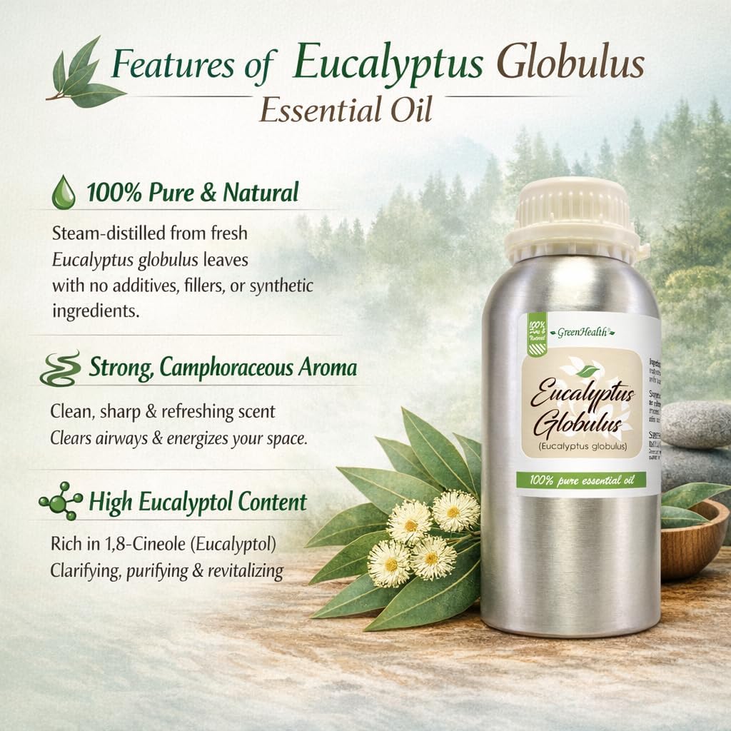GreenHealth - Eucalyptus Globulus Essential Oil – 16 fl oz (473 ml) Aluminum Bottle w/Plug Cap – 100% Pure, Uncut, Undiluted