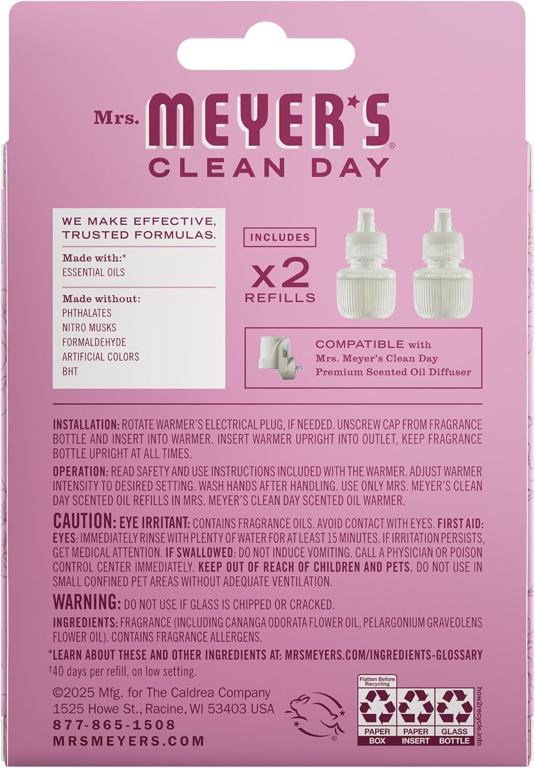 MRS. MEYER'S CLEAN DAY Scented Oil Refills, Peony, contains 2 .67 fl oz refills