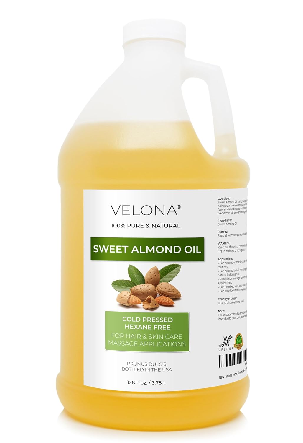 velona Sweet Almond Oil - 1 Gallon / 128 Fl Oz | 100% Pure and Natural Carrier Oil |Cold Pressed | Skin, Hair, Body & Face Moisturizing | Use Today - Enjoy Results…
