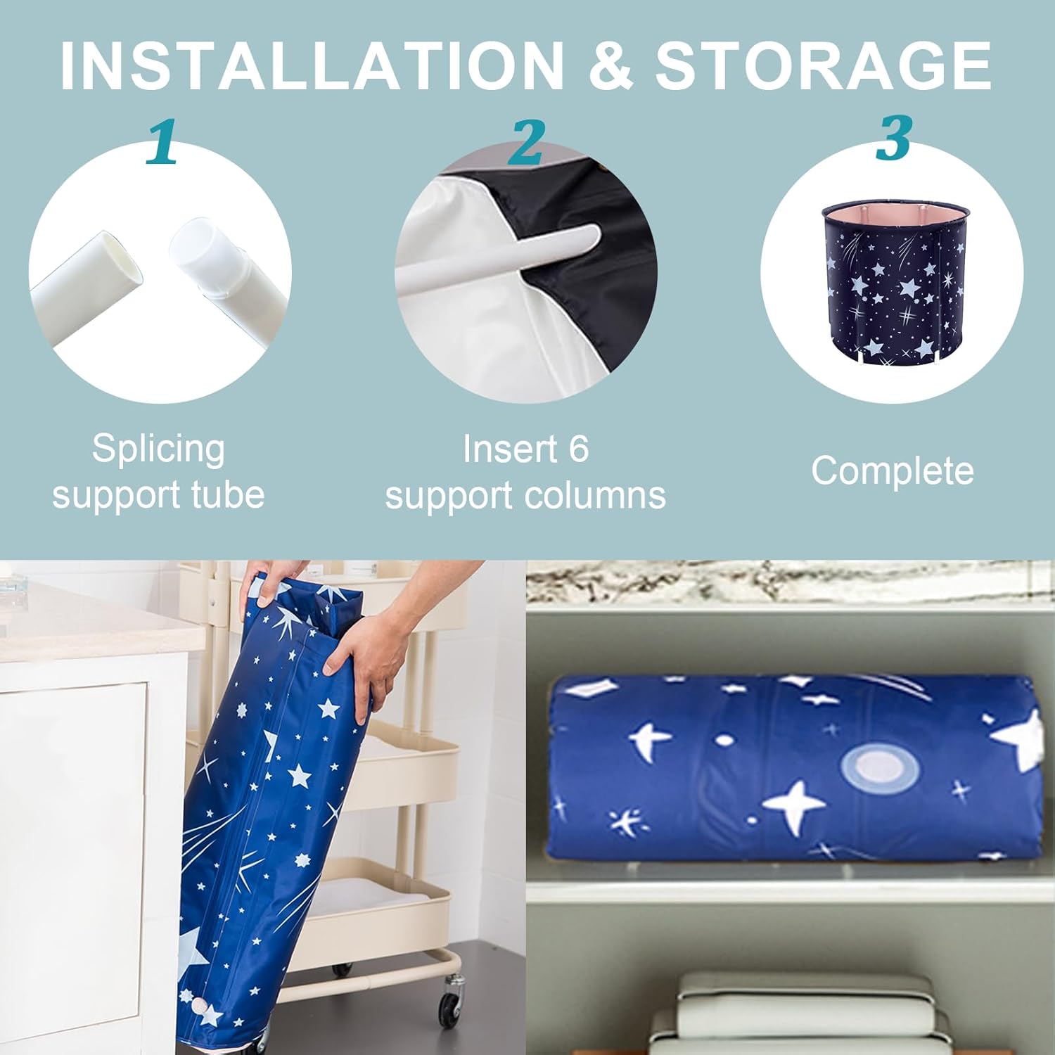 Portable Foldable Bathtub, Collapsible Adult Bath Tub for Hot SPA and Ice Bath, Space-Saving Storage, Durable PVC Material (Starry Sky B, 27inch)
