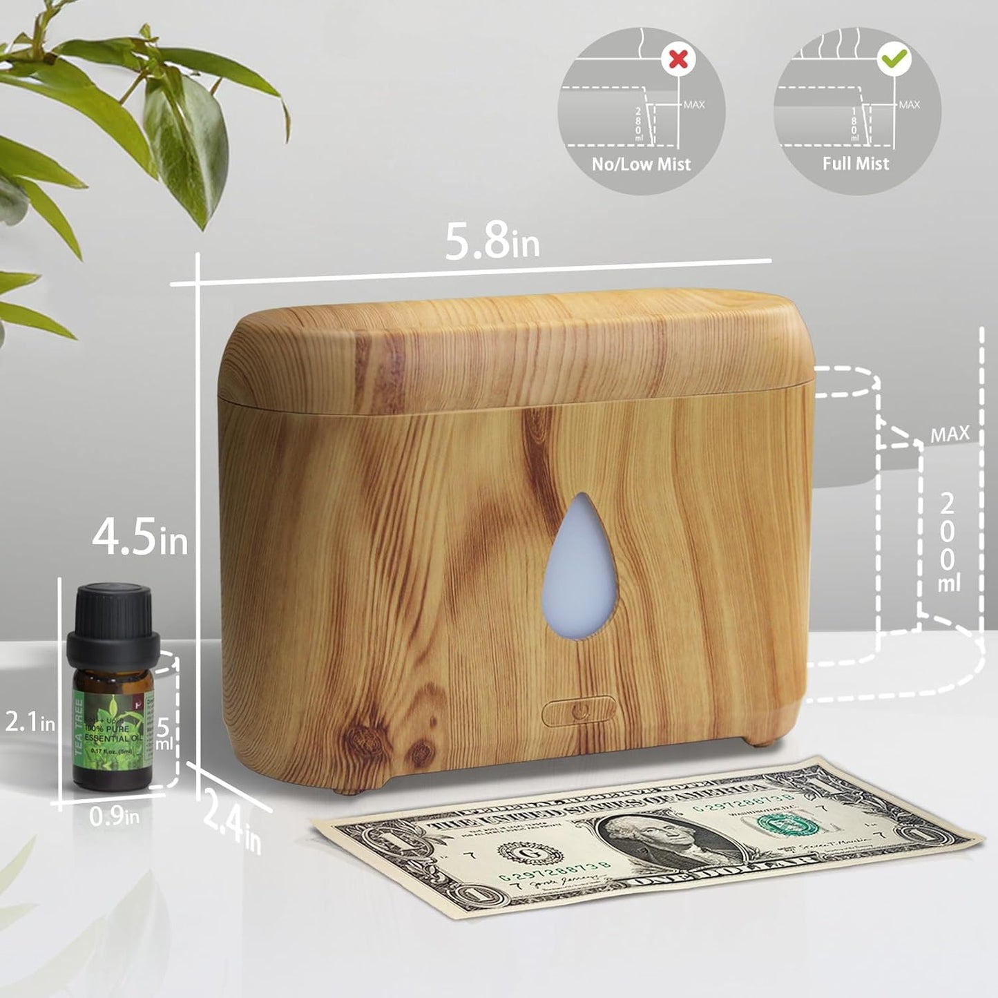 Flame Diffuser for Essential Oils, 200ml Ultrasonic Aroma Diffusers with Cool Mist, Aromatherapy Diffuser with Auto-Off Protection (Wooden Grain(7 Colors), Peppermint+Lavender+Tea Tree+Lemon)