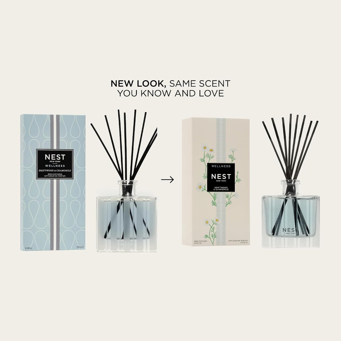 NEST New York Reed Diffuser, Driftwood & Chamomile - The Wellness Collection - 5.9 fl oz - Fragrance for Up to 90 Days - Reusable, Refillable Glass Holder - Includes 8 All-Natural Reed Sticks
