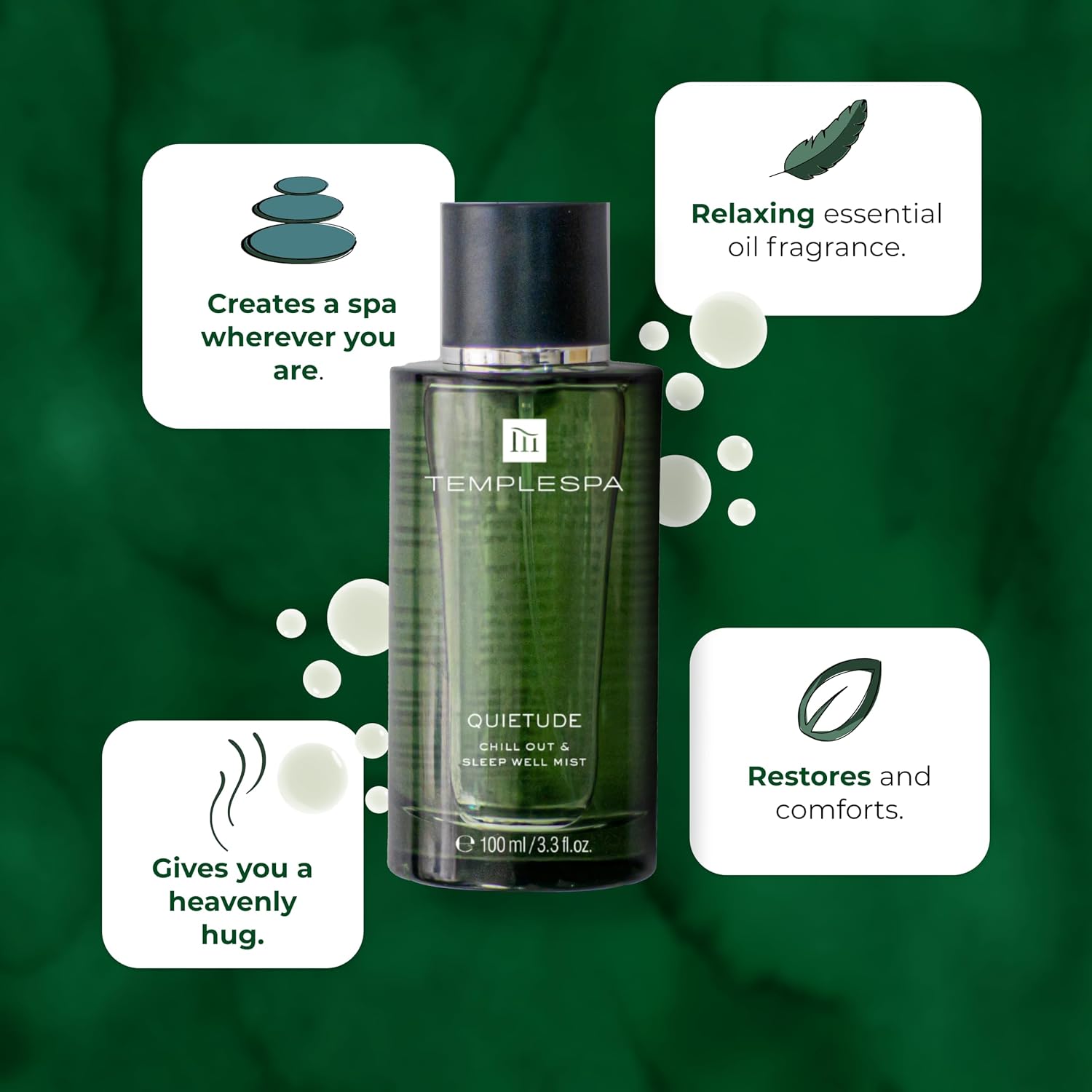 TEMPLESPA | QUIETUDE | Chill Out & Sleep Well Mist - Body Spray, Natural relaxation aid, Lavender, Vetivert, Cedarwood, Chamomile Fragrance, Natural Ingredients, Vegan 3.3 fl.oz.