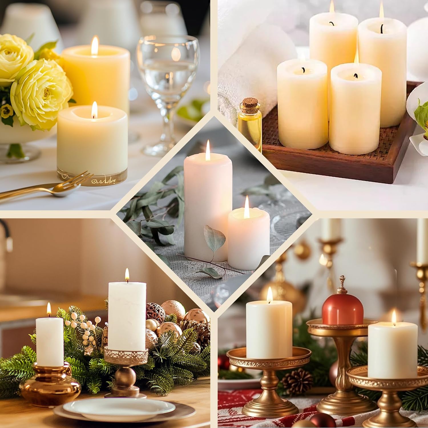 Uscented Pillar Candles, Ivory Pillar Candle Set of 4, 3 x 3 Inch Dripless and Smokeless Large Pillar Candles for Dinner Table, Christmas and Home Decor 45 Hours Long Burning Time