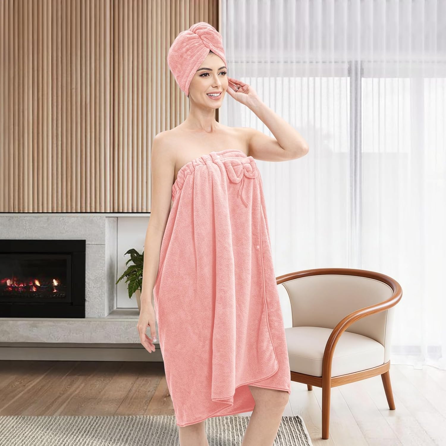 Bath Wrap Towels for Women – Adjustable Spa Shower Wrap with Super Absorbent Microfiber, Quick-Dry Body & Hair Towel Set for Home, Hotel, Beach, Pool, Gym, Travel Pink