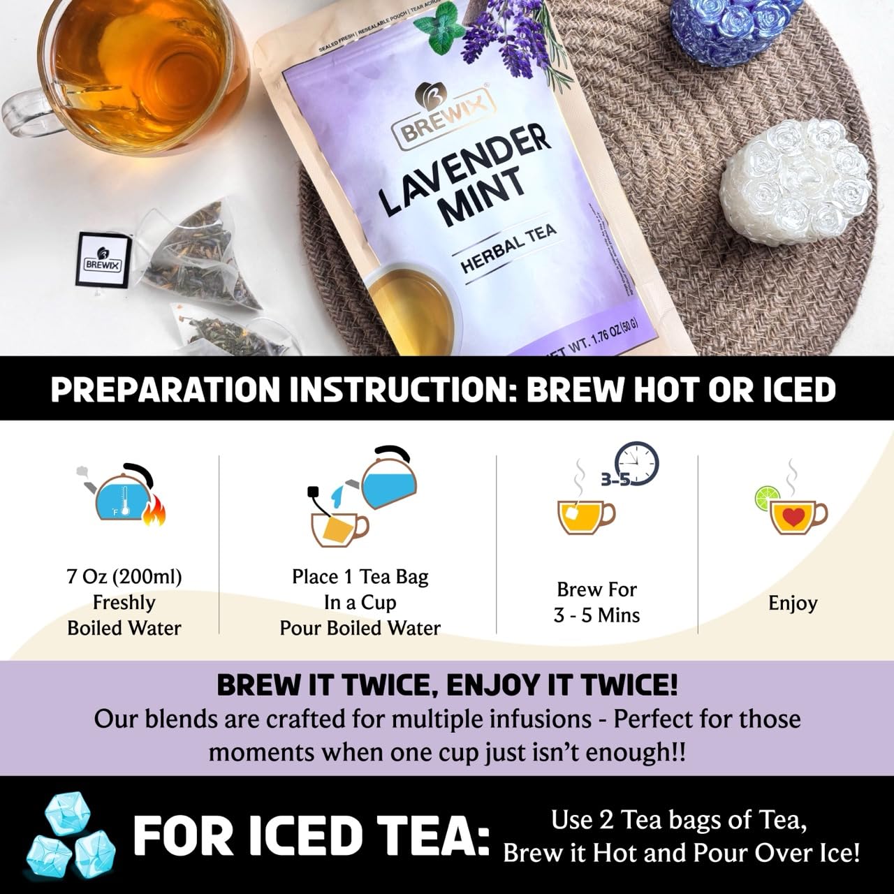BREWIX, Lavender Mint Evening Blend Herbal Tea (25 Pyramid Tea Bags) Relaxaing & Calming Caffeine Free Tea with Peppermint, Lavender, Rosemary & Licorice Root | Naturally Sweet, No Sugar Added | Wind Down Herbal Tea