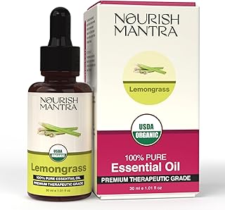 Nourish Mantra Organic Lemongrass Essential Oil for Massage, Aromatherapy & Skin | 100% Pure, USDA Certified Organic Lemongrass Essential Oil | Perfect for Diffuser, Home & Car