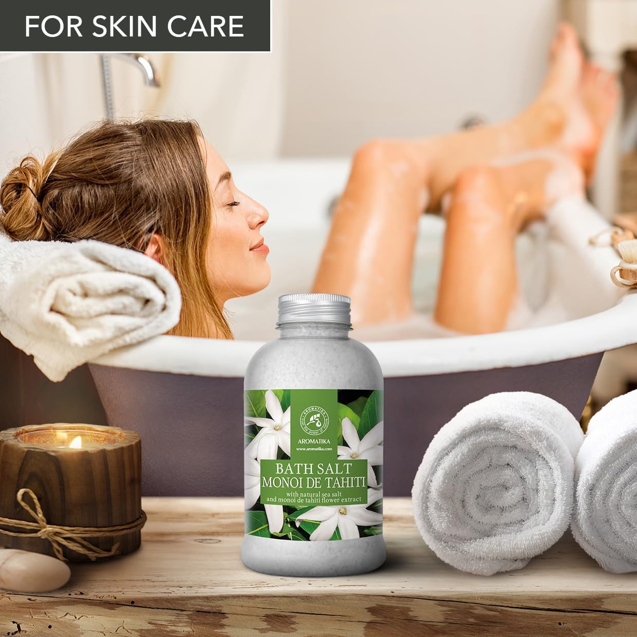 AROMATIKA Bath Salt Monoi de Tahiti 21.16 Oz (600g) - Coconut and Gardenia Flowers Scent - Relaxing Bath - Good Sleep - Aromatherapy - Sea Salt Bath