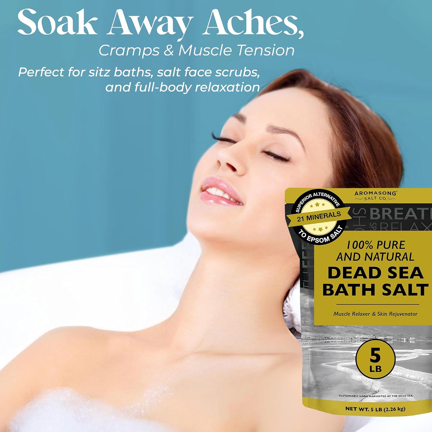 Aromasong Dead Sea Bath Salt - 100% Pure & Natural Dead Sea Salts for Soaking Fine Grain 5 LB - Bulk Resealable Pack - Used for Body wash Scrub - Soak for Women & Men.