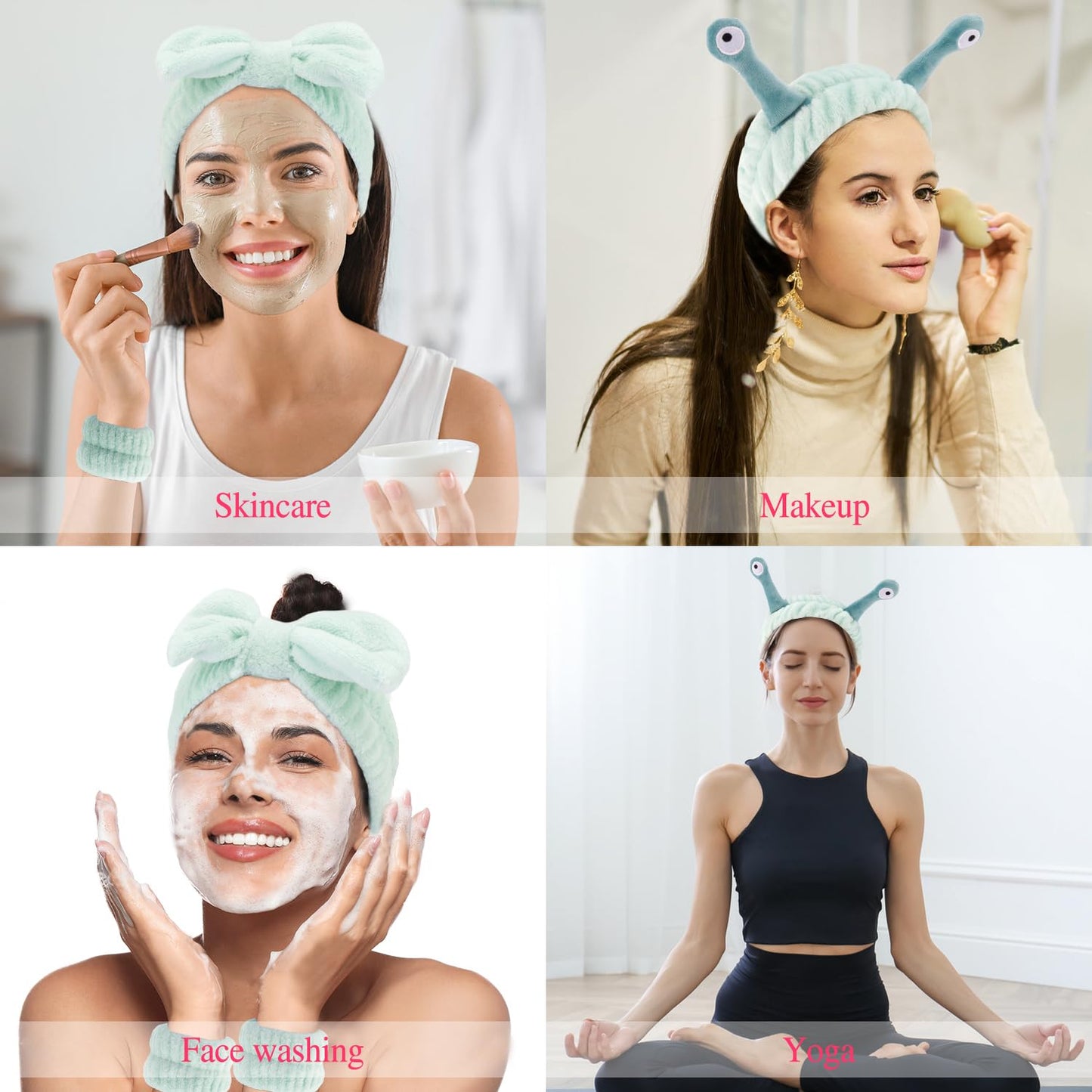 Atoden Spa Headband and Wristband Set Skincare Makeup Headband Bowknot Snail Headbands Wrist Bands for Washing Face Cute Animal Face Wash Head Band for Women Girls (Green)