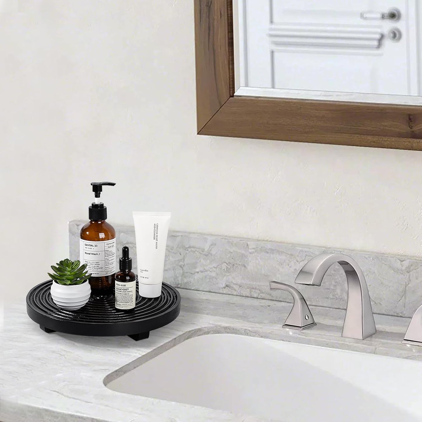 Round Decorative Tray Farmhouse Bathroom Decor Wood Riser Kitchen Countertop Organizer for Perfume, Candle, Plant, 9 inch Black