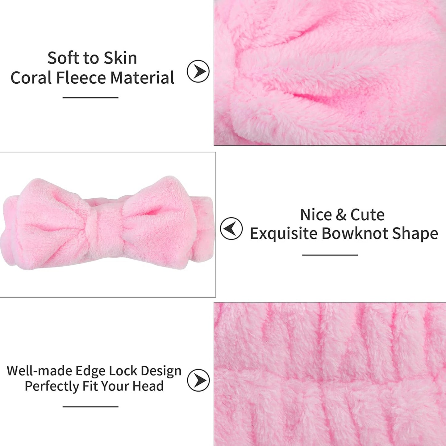 Casoty 8 Pcs Pink Spa Headbands, Soft Coral Fleece Hair Bow Headband for Washing Face, Makeup, Skincare, Yoga, Hair Accessory for Women, Girls, Adults, Gift