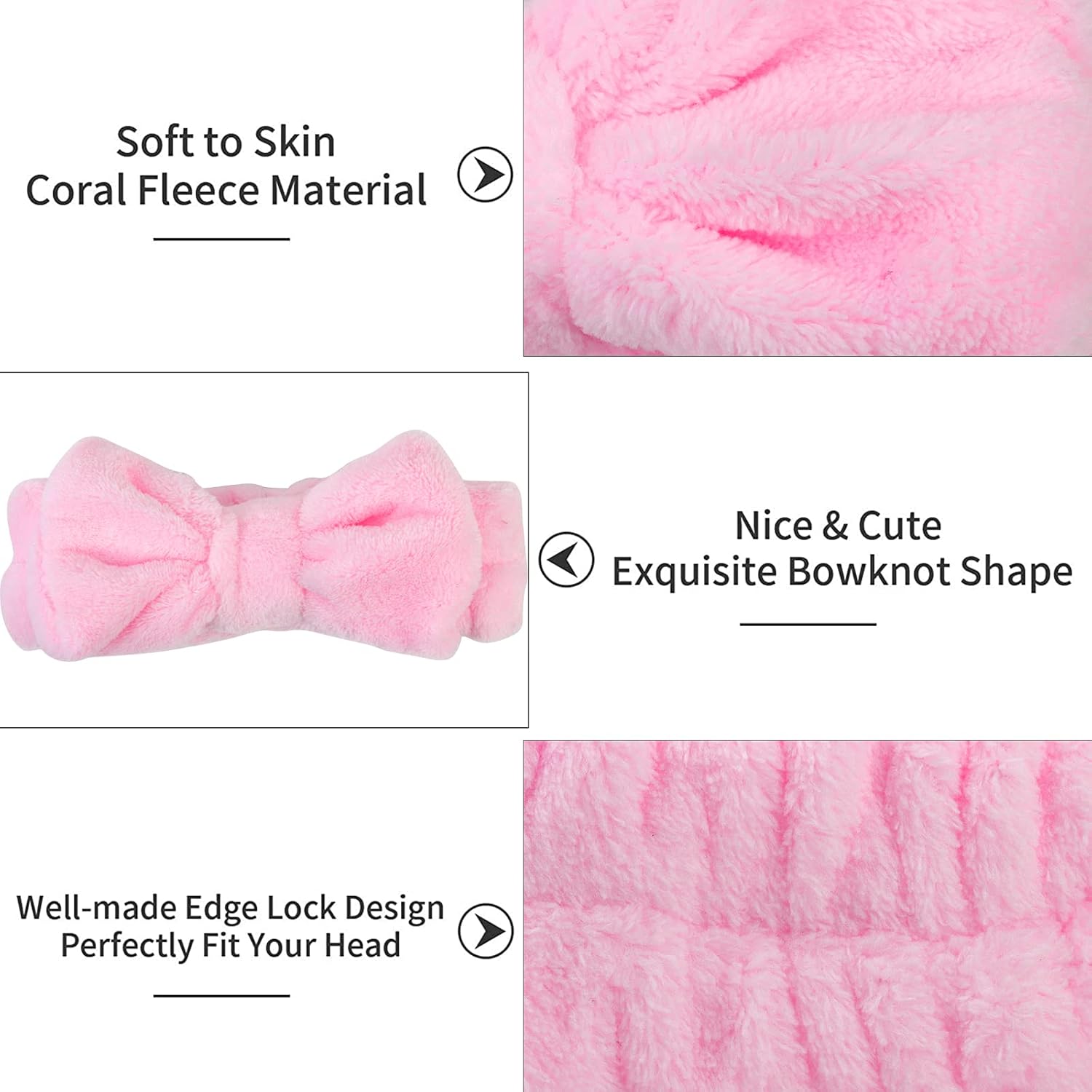 Casoty 8 Pcs Pink Spa Headbands, Soft Coral Fleece Hair Bow Headband for Washing Face, Makeup, Skincare, Yoga, Hair Accessory for Women, Girls, Adults, Gift