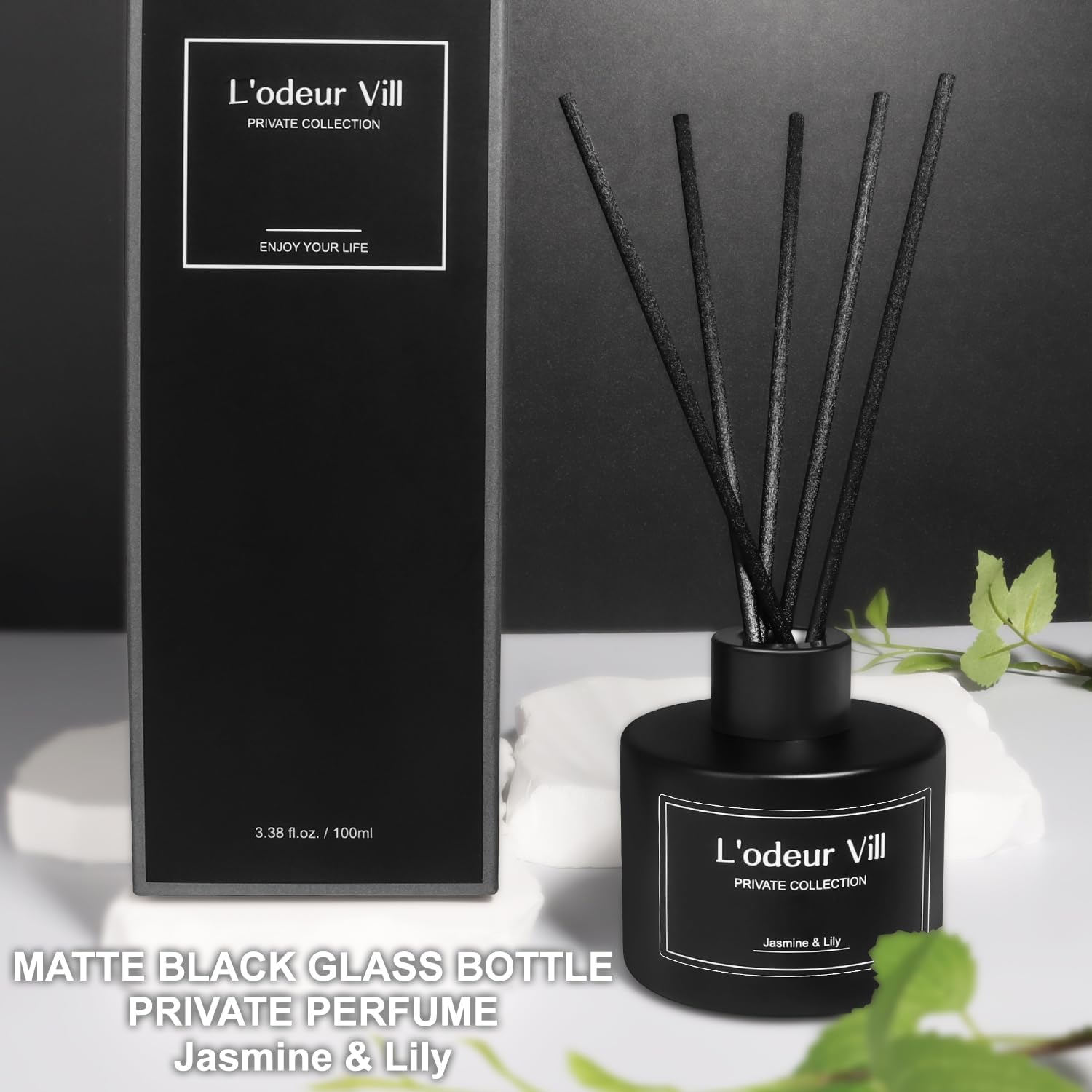 Reed Diffuser, 3.4oz(100ml) Jasmine & Lily Reed Diffuser Set with 6 Oil Diffuser Sticks, Matte Black Aroma Scent Diffuser, Long Lasting Home Fragrance for Bathroom Shelf Decor