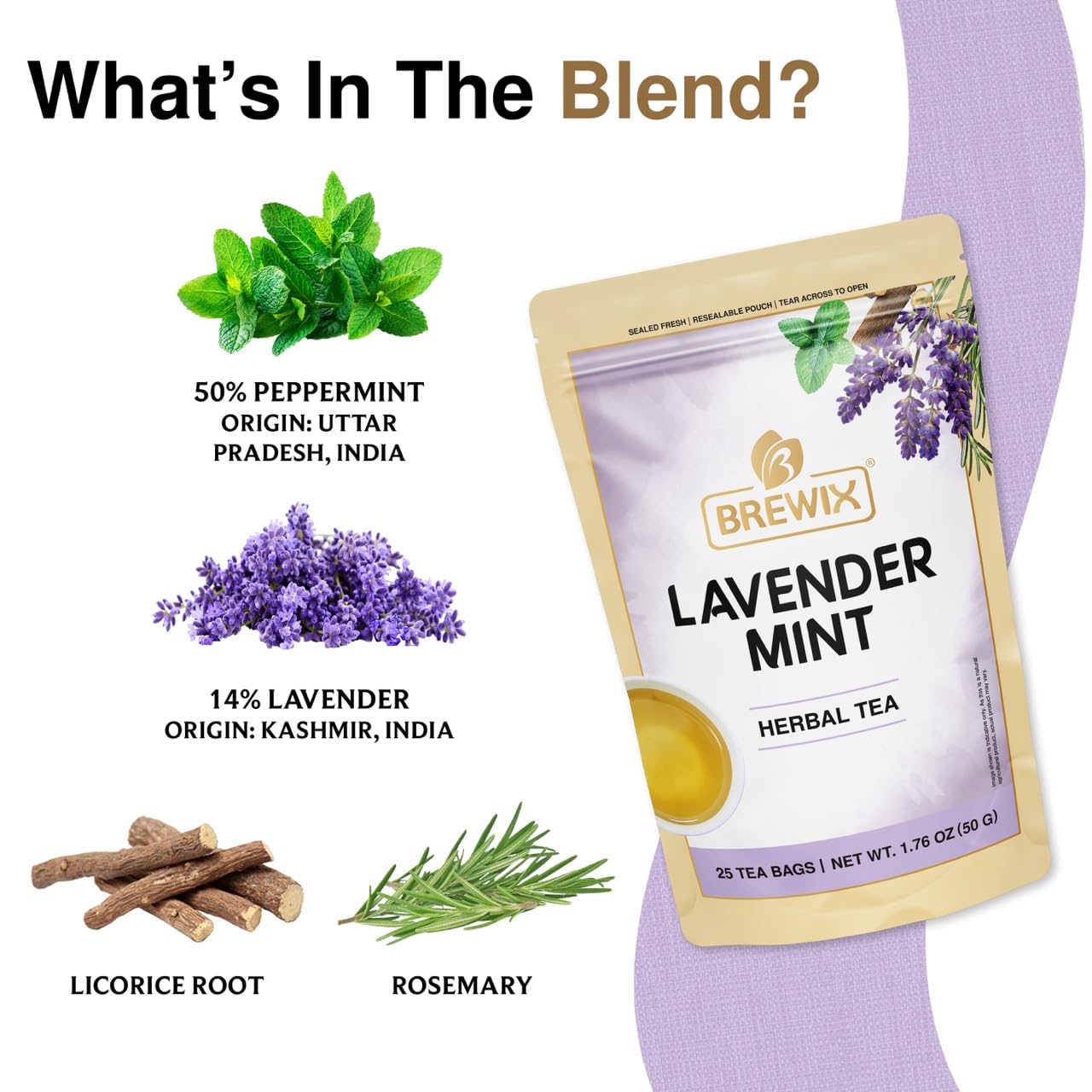 BREWIX, Lavender Mint Evening Blend Herbal Tea (25 Pyramid Tea Bags) Relaxaing & Calming Caffeine Free Tea with Peppermint, Lavender, Rosemary & Licorice Root | Naturally Sweet, No Sugar Added | Wind Down Herbal Tea