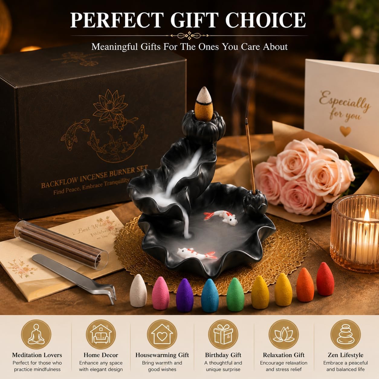 Ceramic Waterfall Backflow Incense Burner Holder, Home Aromatherapy Decoration Ornament with 30 Backflow Incense Cones and 50 Incense Sticks