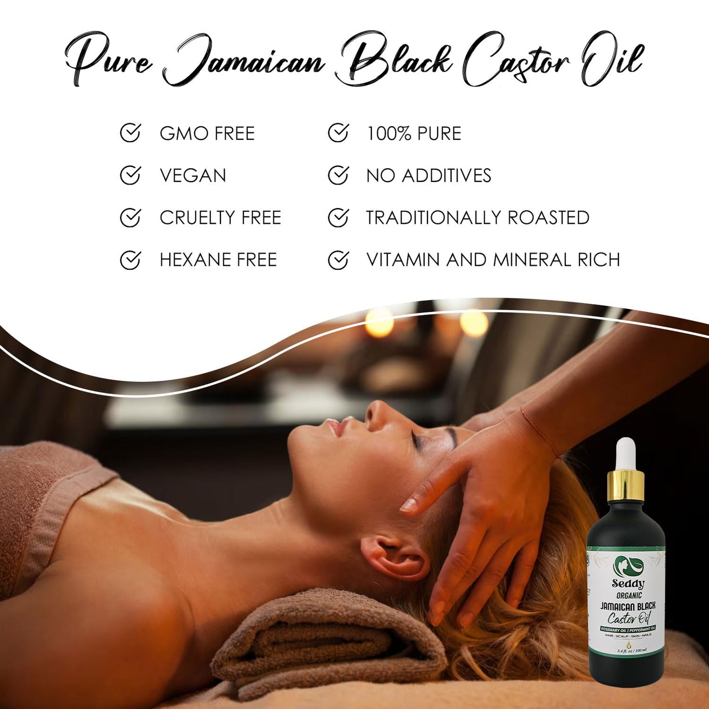 Seddy Organic Jamaican Black Castor Oil with Rosemary & Peppermint – Cold-Pressed, Hexane-Free Hair Growth & Scalp Treatment Oil for Thicker, Stronger Hair, Edges & Beard – 3.4 fl oz