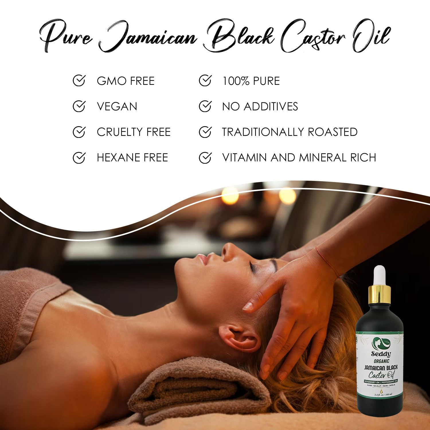 Seddy Organic Jamaican Black Castor Oil with Rosemary & Peppermint – Cold-Pressed, Hexane-Free Hair Growth & Scalp Treatment Oil for Thicker, Stronger Hair, Edges & Beard – 3.4 fl oz