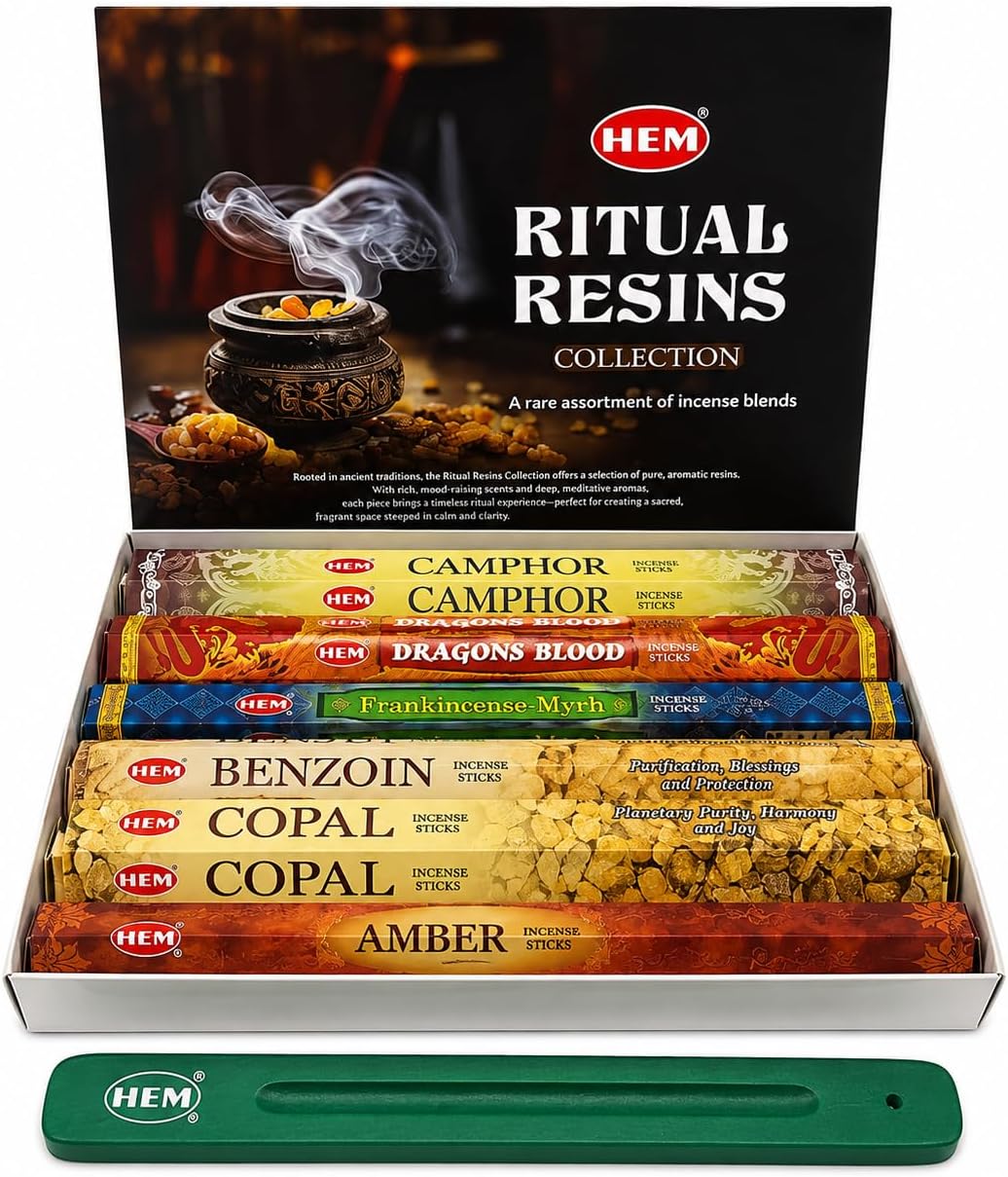Hem Incense Sticks Assorted Ritual Resins Pack (6 Incents x 20 Insense Sticks) Incense Stick Holder 120 Sticks Total | Camphor Dragons Blood Benzoin Copal Amber Frankincense Myrrh