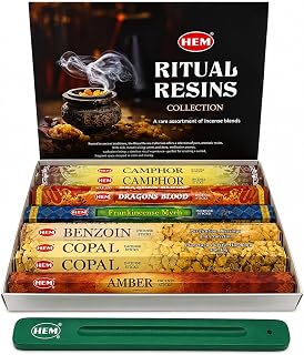 Hem Incense Sticks Assorted Ritual Resins Pack (6 Incents x 20 Insense Sticks) Incense Stick Holder 120 Sticks Total | Camphor Dragons Blood Benzoin Copal Amber Frankincense Myrrh