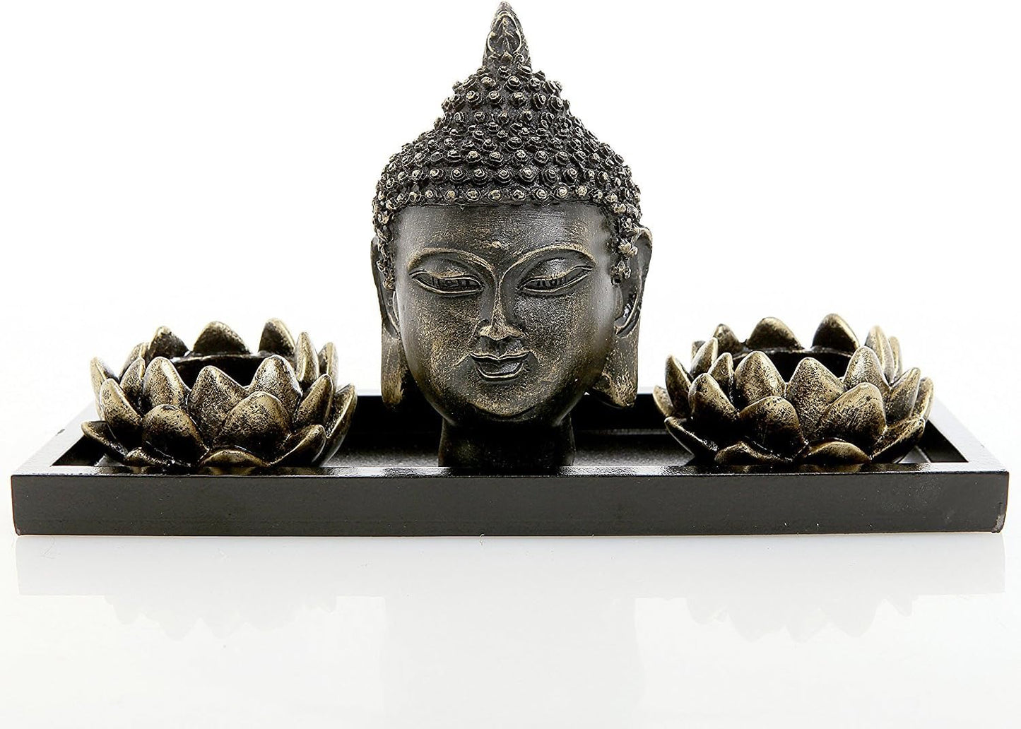 MyGift Black Buddha Head Sculpture Zen Garden Set with Lotus Tealight Candle Holders and Wooden Display Tray, Decorative Tabletop Home Accent