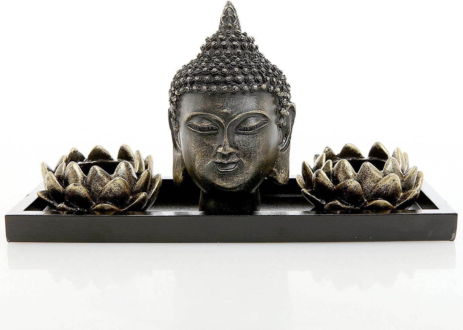 MyGift Black Buddha Head Sculpture Zen Garden Set with Lotus Tealight Candle Holders and Wooden Display Tray, Decorative Tabletop Home Accent