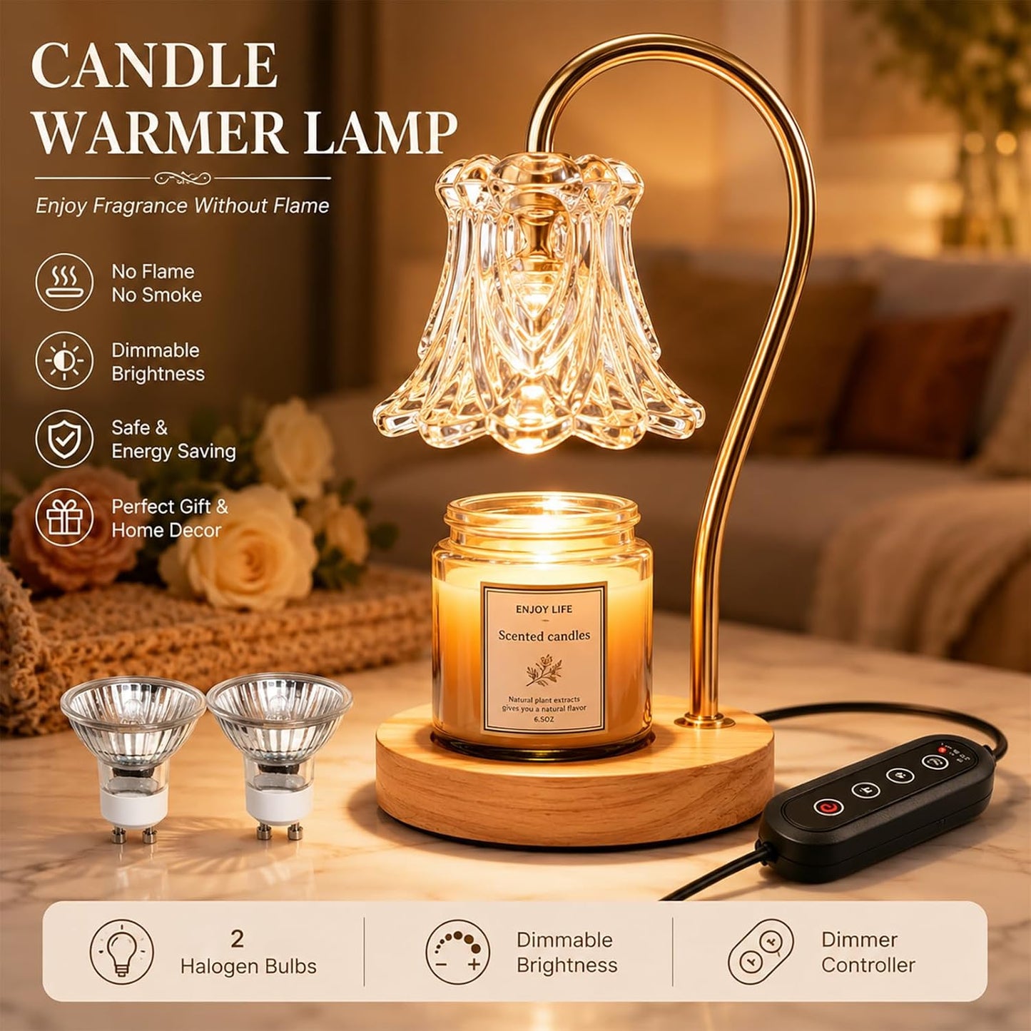 COCOBELA Candle Warmer Lamp with Timer with 2 Bulbs Light Dimmable Electric Candle Melt Lamp Flower Shape for Small & Large Jars, Elegant Home Decor Housewarming Birthday Xmas Gifts