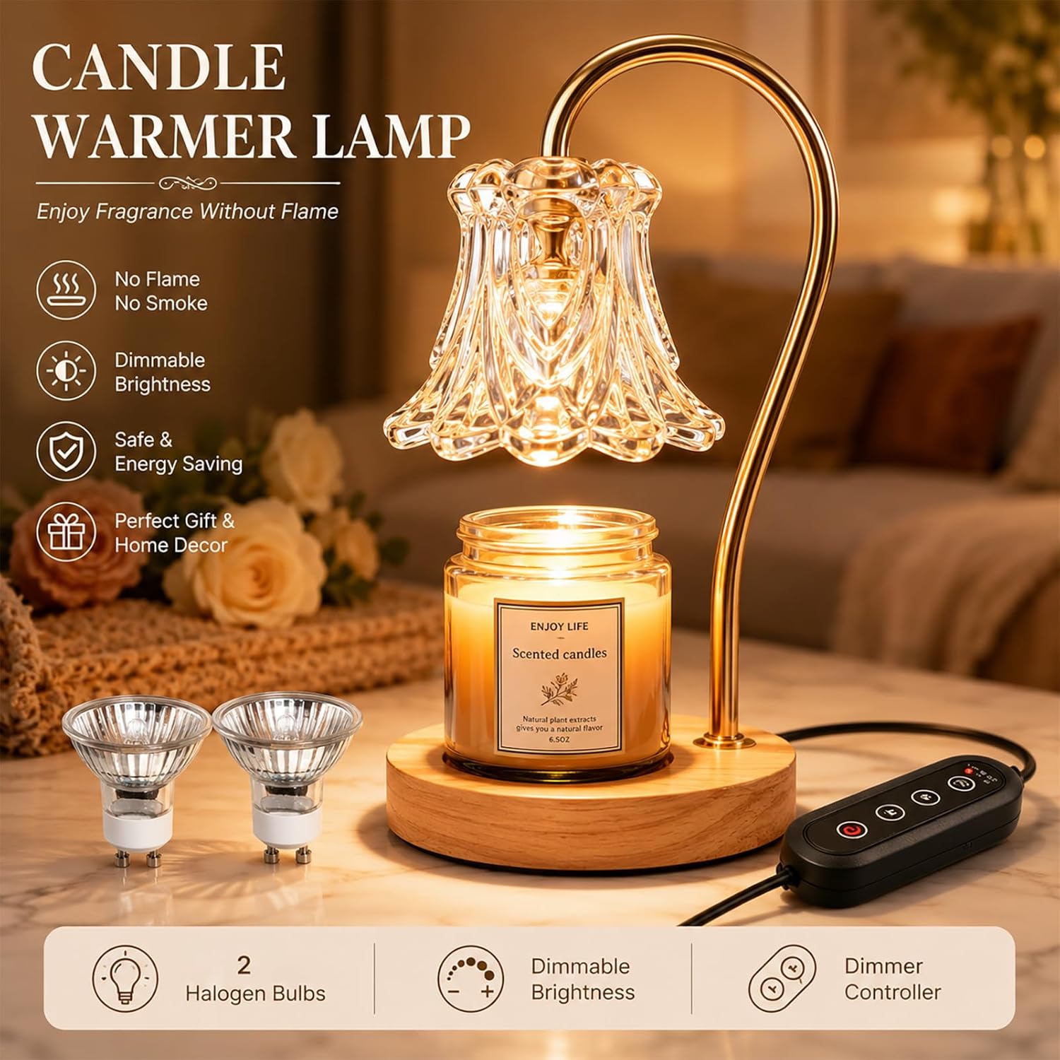 COCOBELA Candle Warmer Lamp with Timer with 2 Bulbs Light Dimmable Electric Candle Melt Lamp Flower Shape for Small & Large Jars, Elegant Home Decor Housewarming Birthday Xmas Gifts