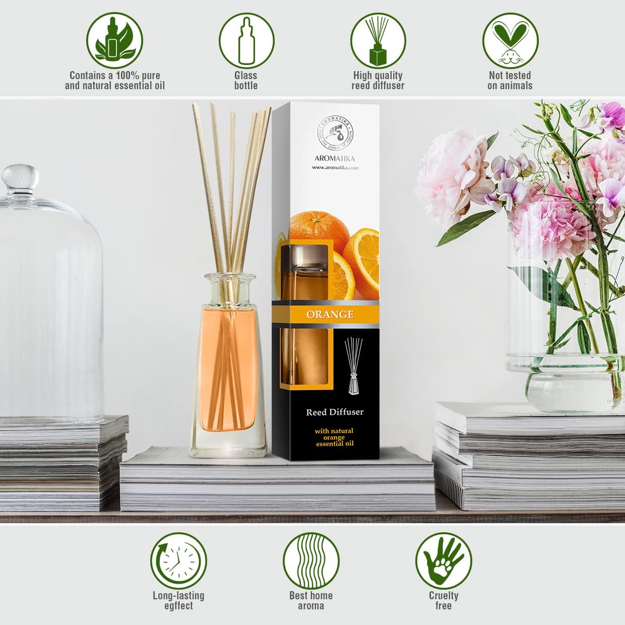 Orange Diffuser w/Orange Oil 3.4 Fl Oz - Fresh Room - Long Lasting Fragrance - Scented Reed Diffuser Orange - Diffuser Gift Set - for Aromatherapy - Home - Orange Essential Oil Diffuser by AROMATIKA
