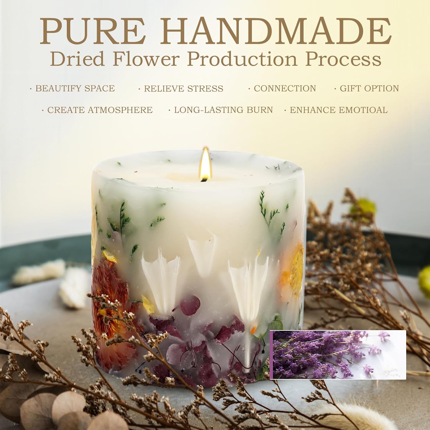 Scented Candles for Women,Burning Natural Soy Wax candles for home scented,Natural Pillar Candle with Dried Flowers - Mothers Day Candle for Mom for Home Decor and Relaxation (Lavender Floral)