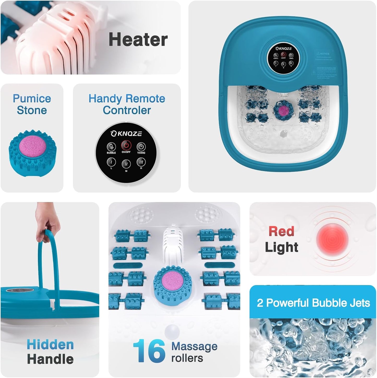 Foot Bath Massager with Bubbles, Heat, and 16 Massage Rollers - Collapsible Foot Spa Tub with Remote Control, Temperature Control, Red Light, Pumice Stone
